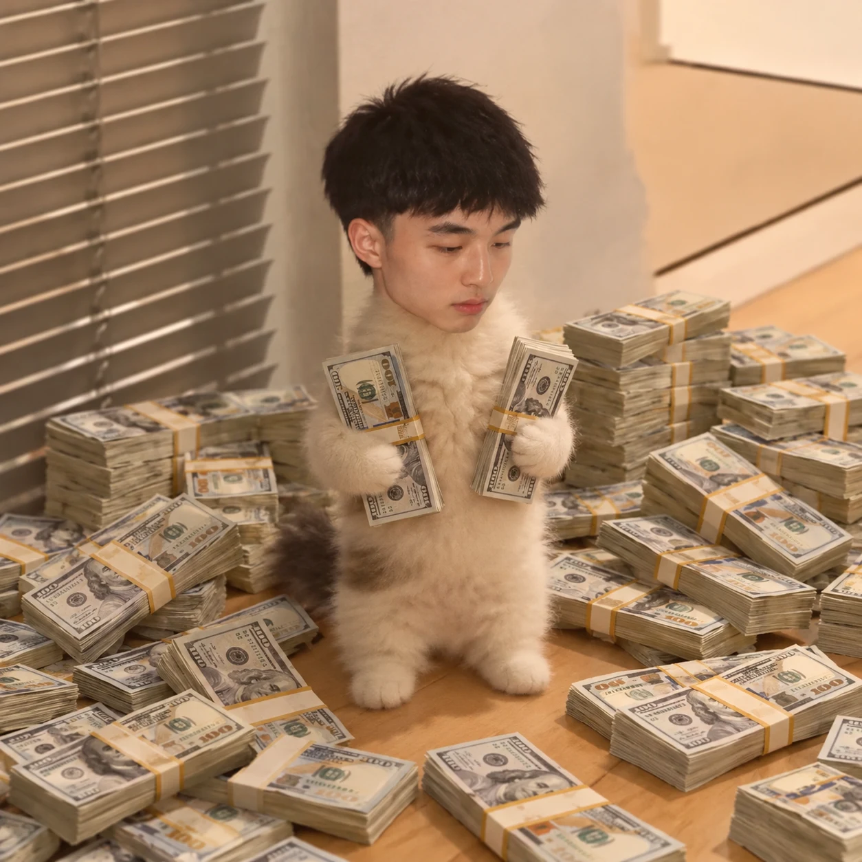 Kimichi, fluffy cat with Kimchi's face surrounded by money